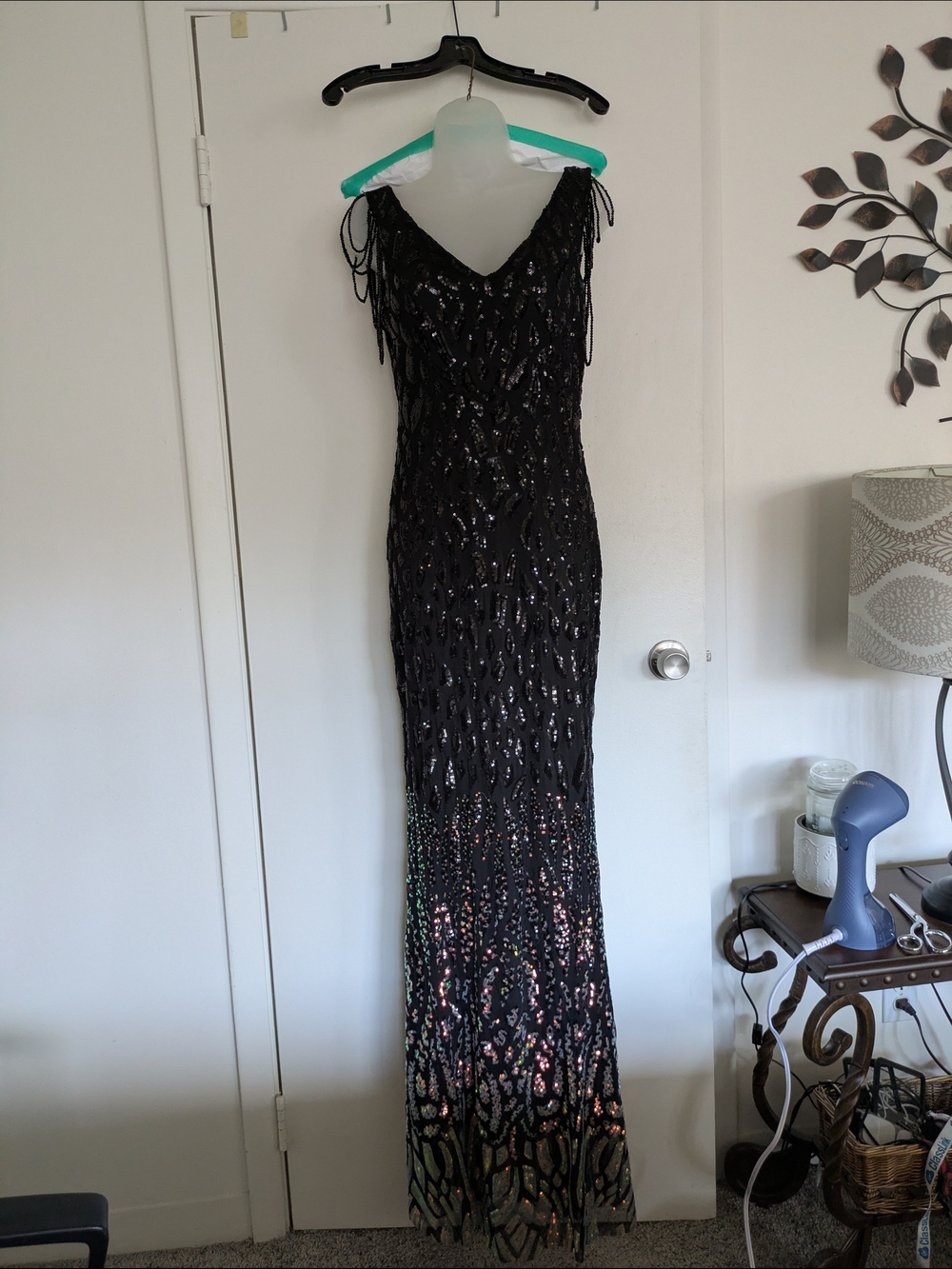 Black Sequin Fringe Evening Gown